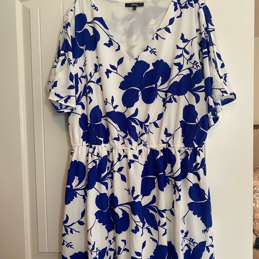 Blue White Tropical Mini Dress, 2X